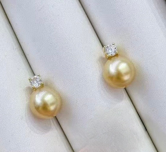 9mm South Sea Golden Pearl with Zircon Accent earring