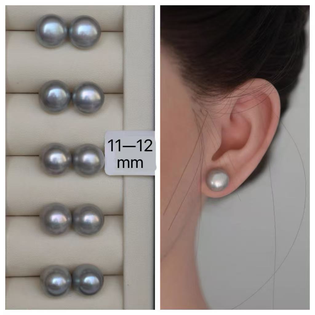 Grey Iridescent Flattened Round Pearl Drop Earrings