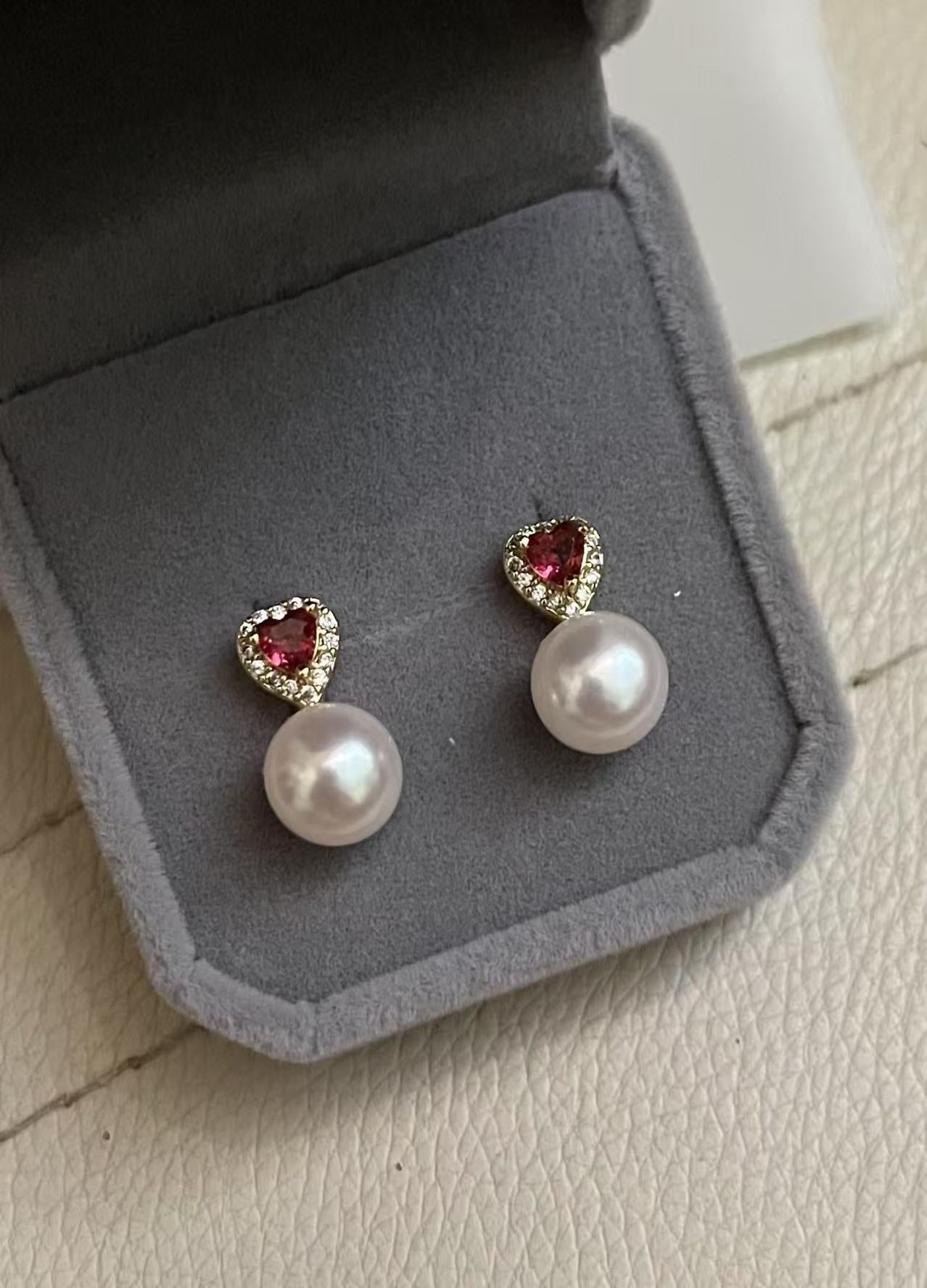 French Heart Red Zirconia & Pearl Earrings ❤️✨