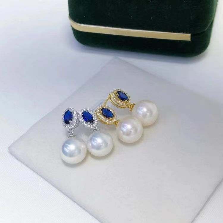 11.4mm Pearl Drop Earrings with Zirconia and Blue Sapphire