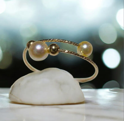 2.5-3mm & 4-4.5mm Akoya Gold Elastic Double Pearl Ring