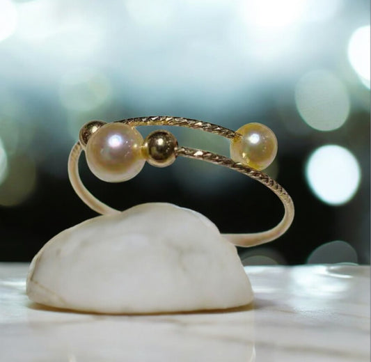 2.5-3mm & 4-4.5mm Akoya Gold Elastic Double Pearl Ring