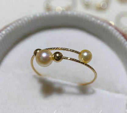 2.5-3mm & 4-4.5mm Akoya Gold Elastic Double Pearl Ring