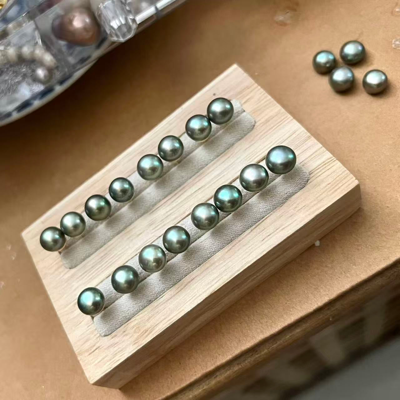 7–8mm Freshwater Peacock Green Pearl Earrings