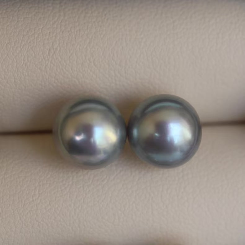 Grey Iridescent Flattened Round Pearl Drop Earrings