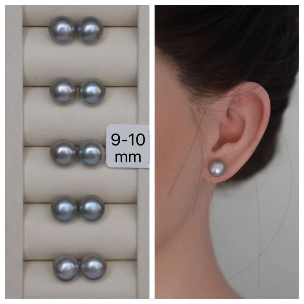 Grey Iridescent Flattened Round Pearl Drop Earrings