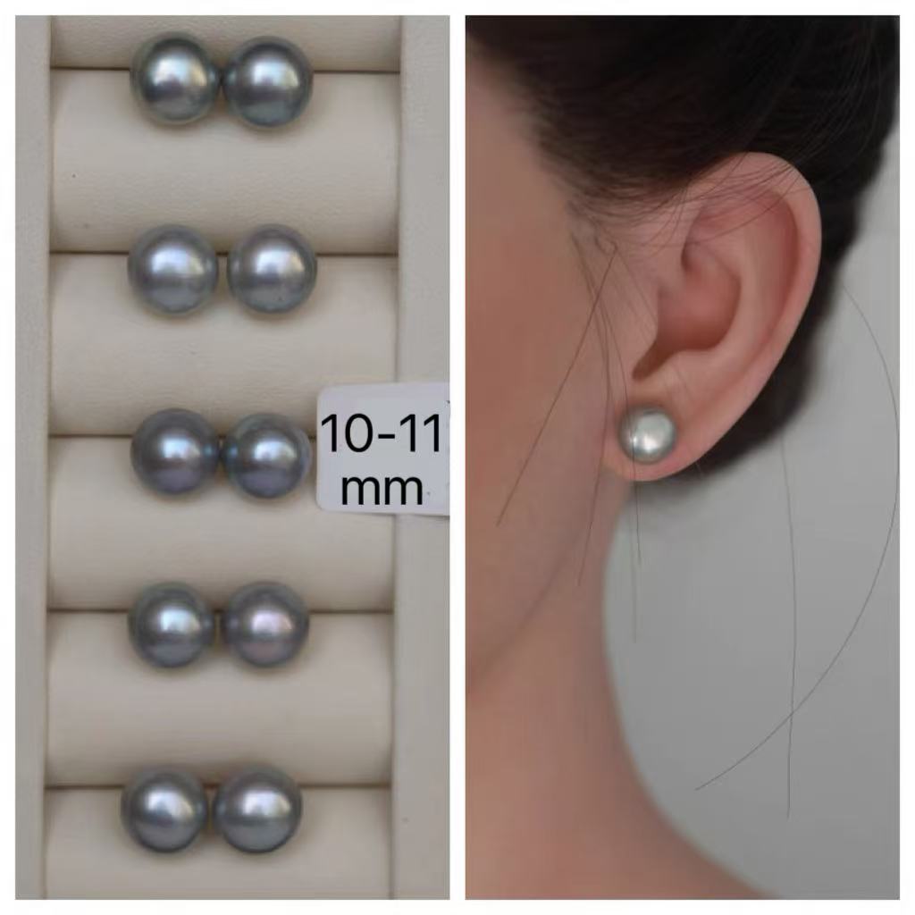 Grey Iridescent Flattened Round Pearl Drop Earrings