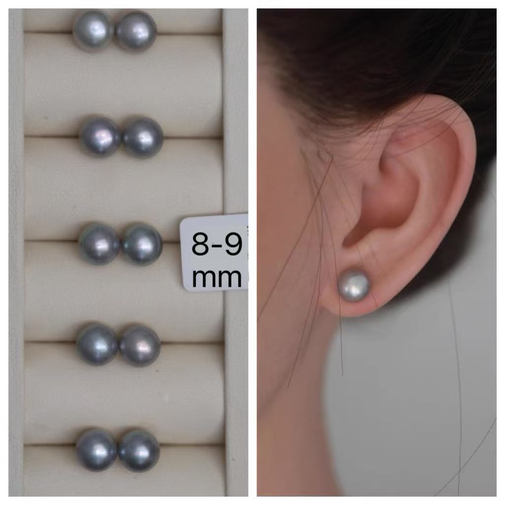 Grey Iridescent Flattened Round Pearl Drop Earrings