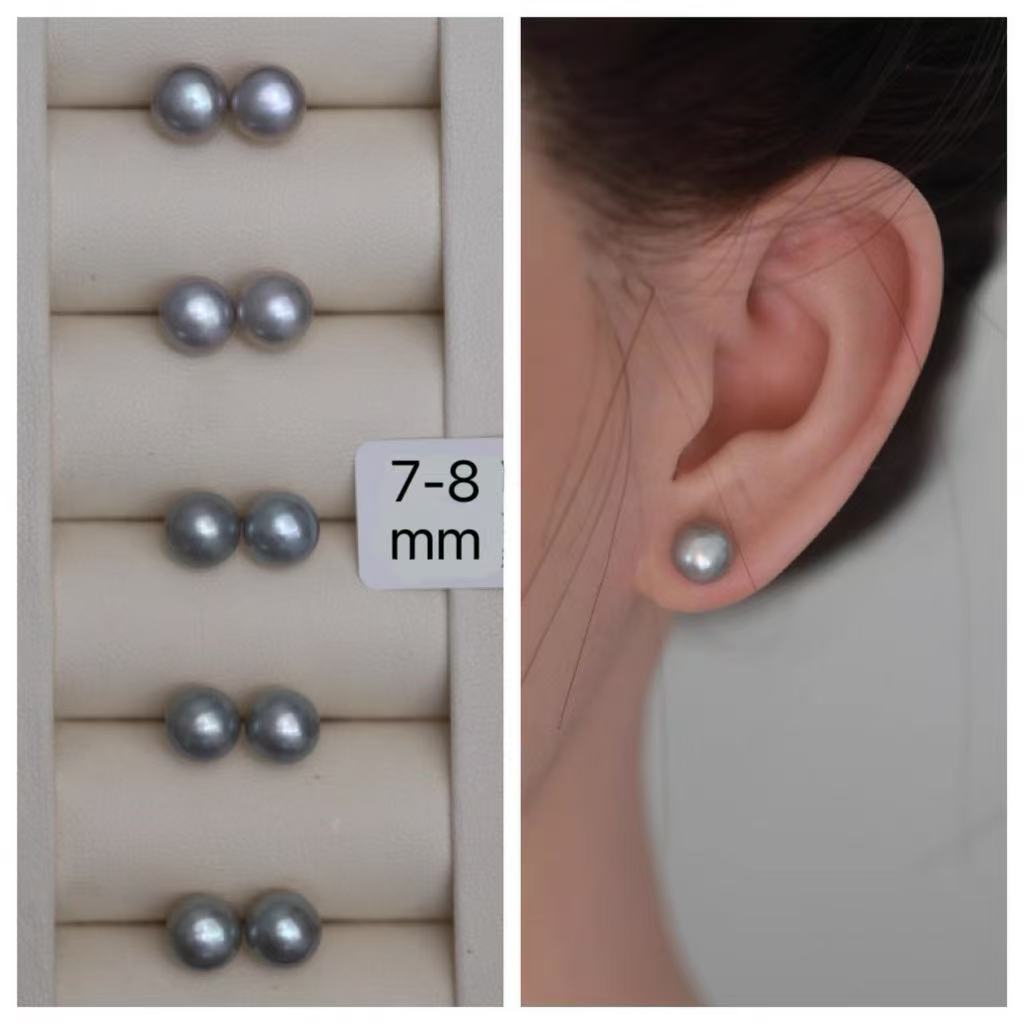Grey Iridescent Flattened Round Pearl Drop Earrings