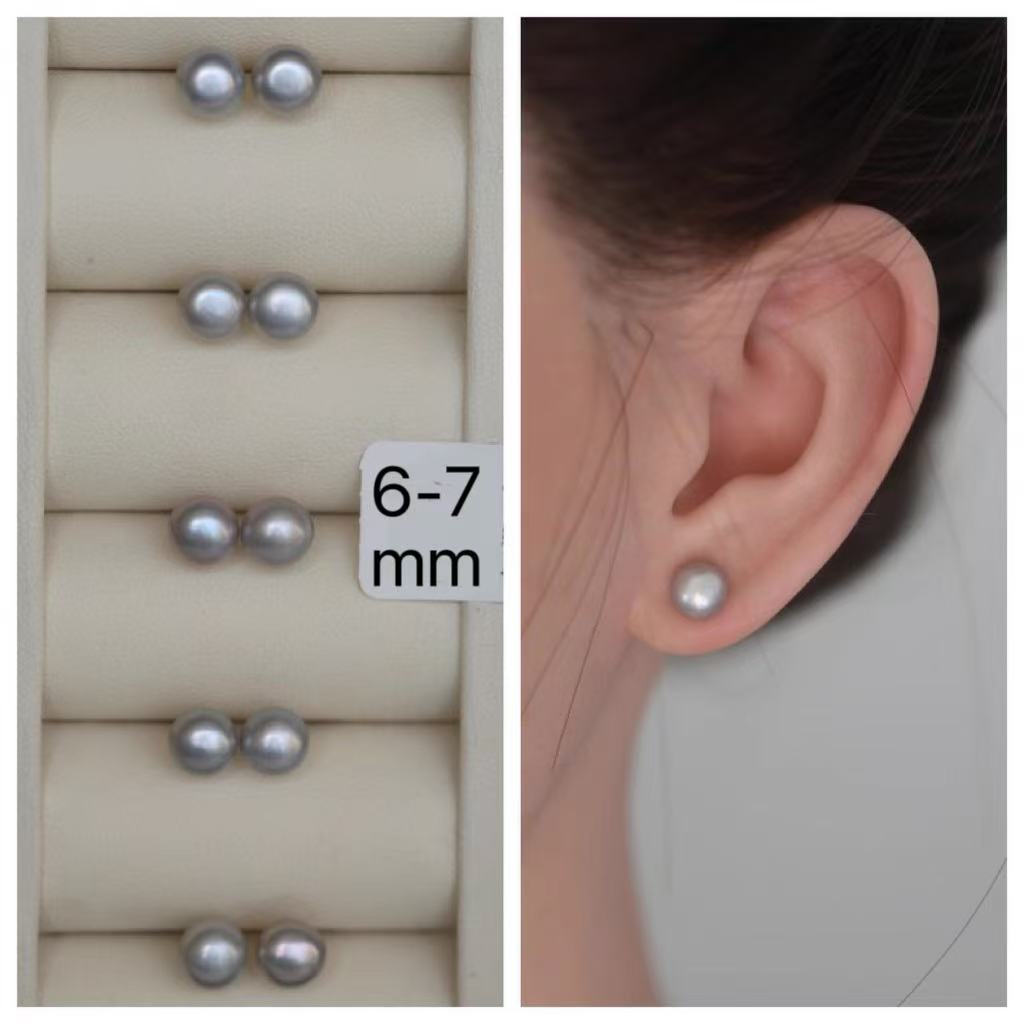 Grey Iridescent Flattened Round Pearl Drop Earrings