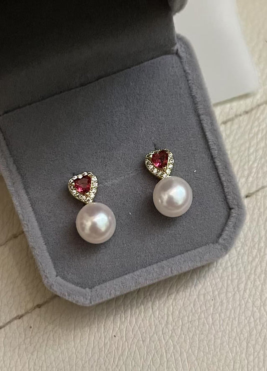 French Heart Red Zirconia & Pearl Earrings ❤️✨