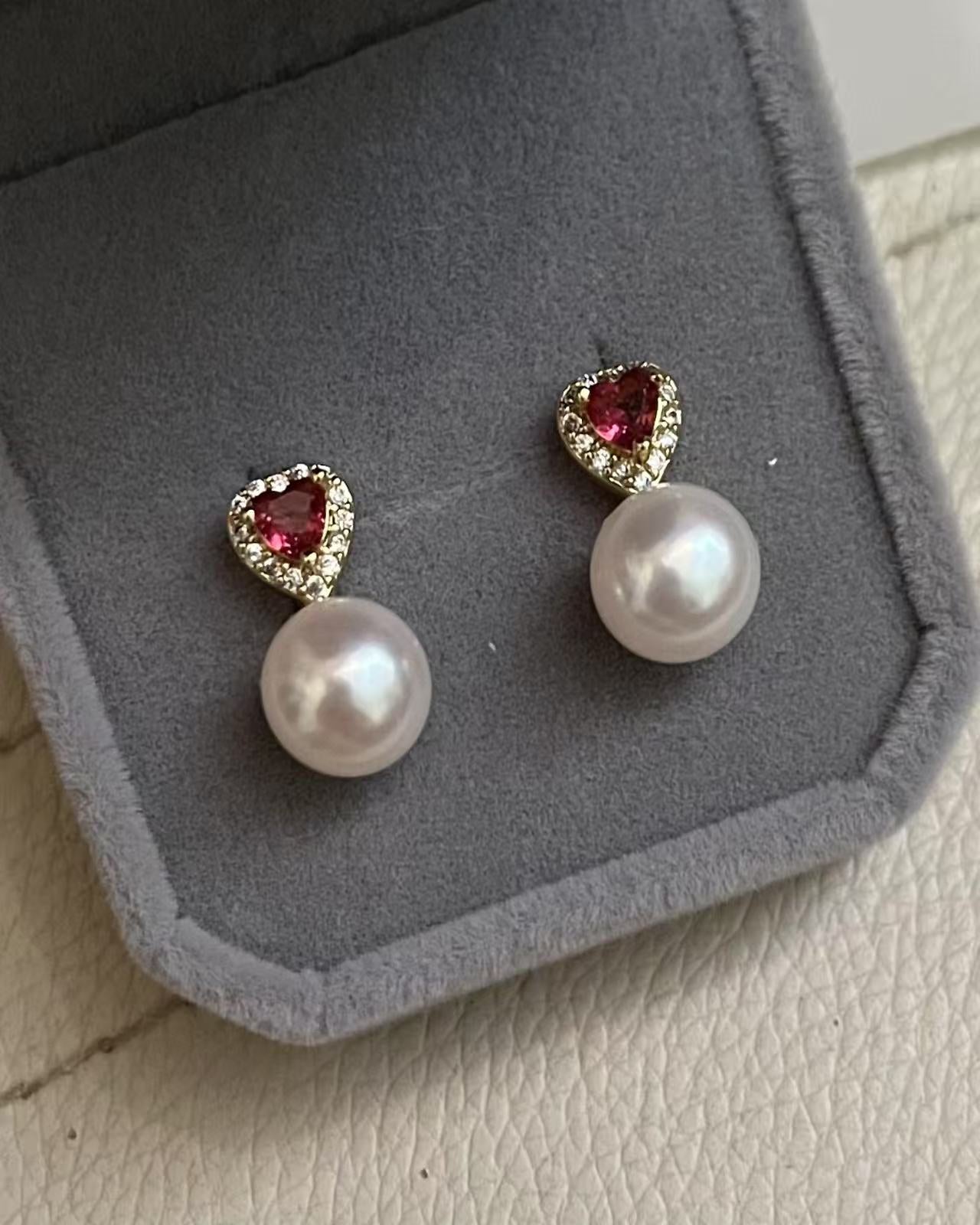 French Heart Red Zirconia & Pearl Earrings ❤️✨