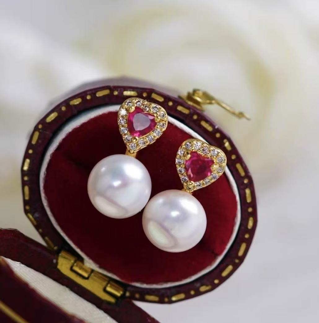 French Heart Red Zirconia & Pearl Earrings ❤️✨
