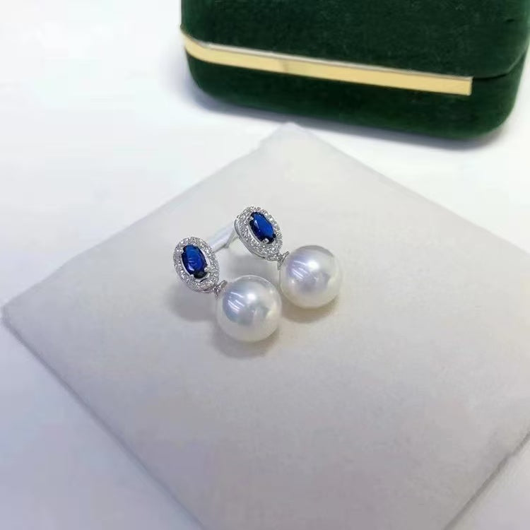 11.4mm Pearl Drop Earrings with Zirconia and Blue Sapphire