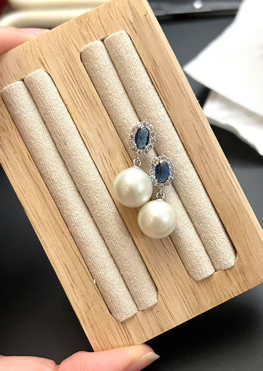 11.4mm Pearl Drop Earrings with Zirconia and Blue Sapphire